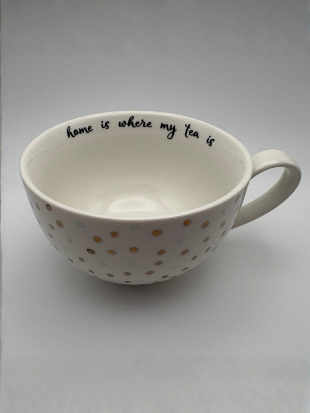 Indigo Cozy Jumbo Gold Polka Dot Tea Cup "Home Is Where My Tea Is" (SKU:295MI)